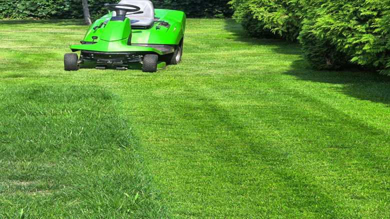 Riding lawn mower in flat yard
