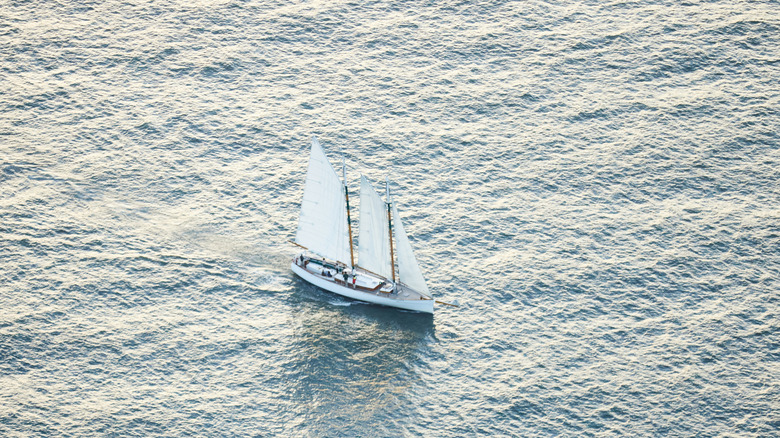 Aerial photo looking down at a small sailboat.