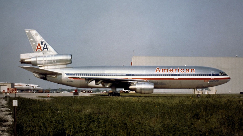 American Airlines DC-10 outside hangar at O'Hare Airport