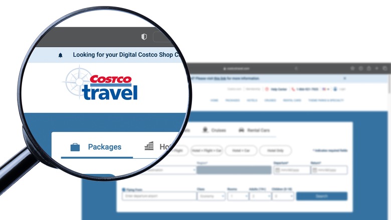Close up of Costco Travel logo with webstie faded in the background