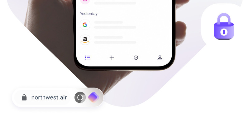 Graphic shows hand holding smartphone with Proton Pass onscreen