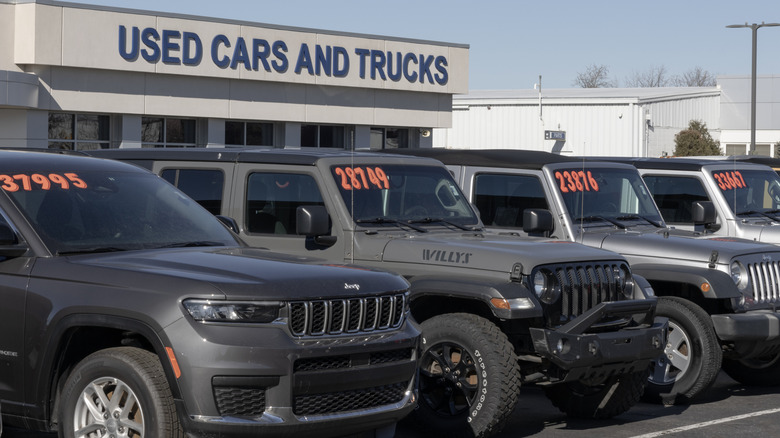Jeeps for sale at a used car lot