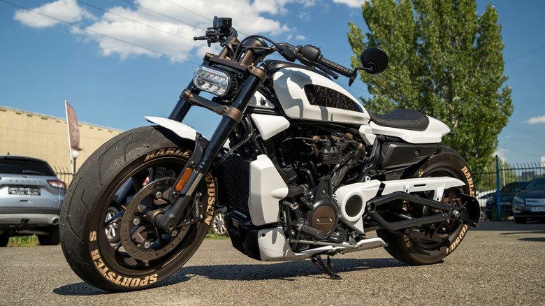 White Harley-Davidson Sportster S in a parking lot.