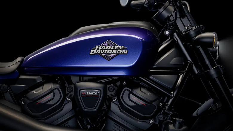 Close up of the gas tank and engine of Harley-Davidson Sportster S.