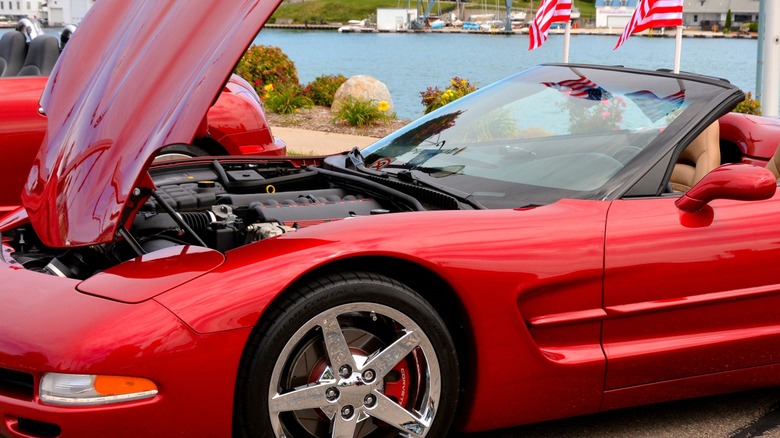 Red 1997 Corvette with open hood