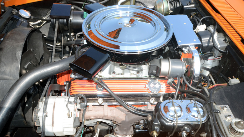 An aftermarket 350 crate engine installed in a car