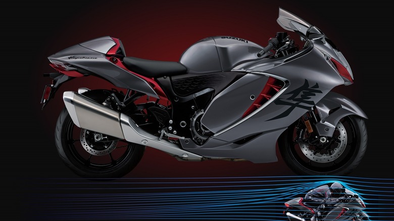 Grey Suzuki Hayabusa with red accents with its aerodynamic profile