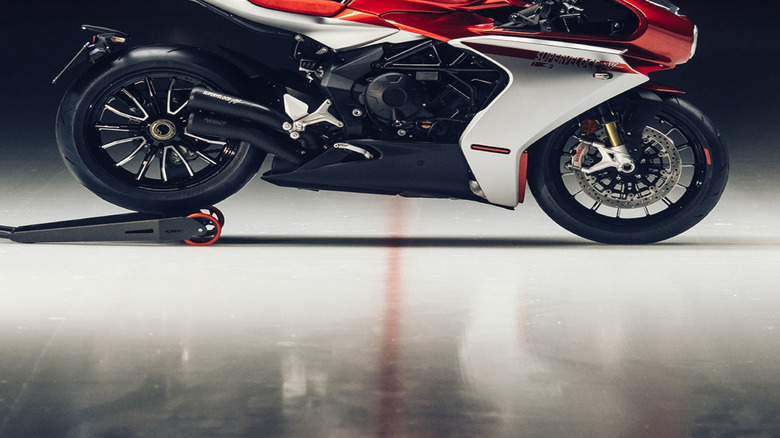 An MV Agusta Superveloce S side profile in a studio.