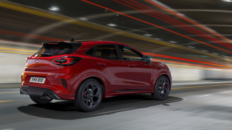 Rear 3/4 view of red Ford Puma ST.