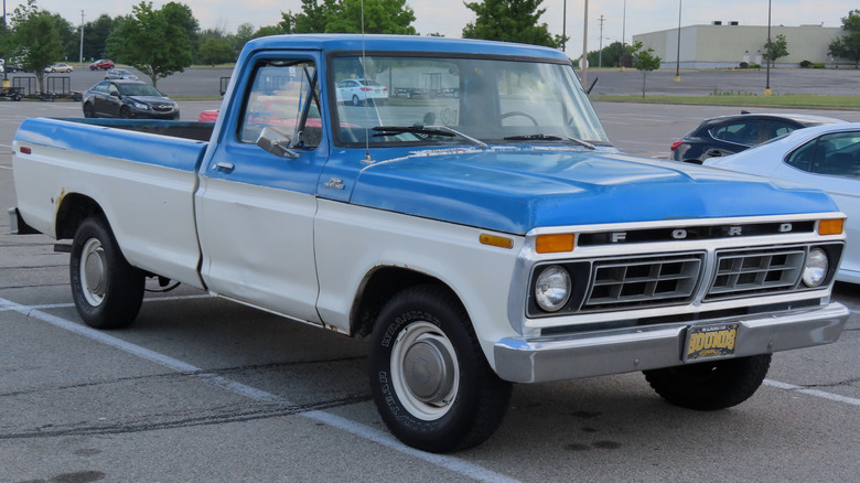 blue and white 1977 Ford F-150 Custom