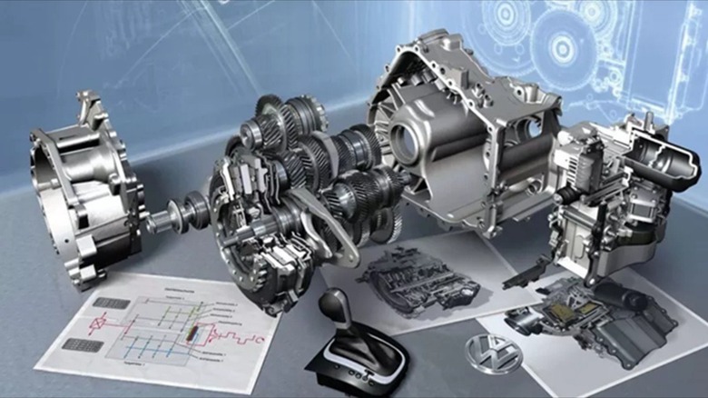 An exploded and cutaway view of Volkswagen's DSG transmission.