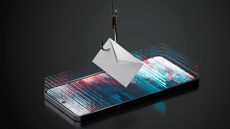 A mobile phone face-up with a fishing hook hanging over it holding an opened envelope. There's blue and red distortion on the phone screen.