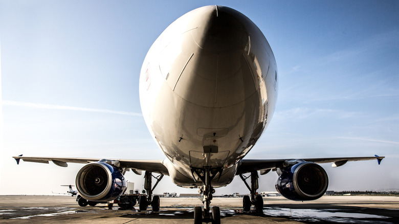 Front view of parked airplane