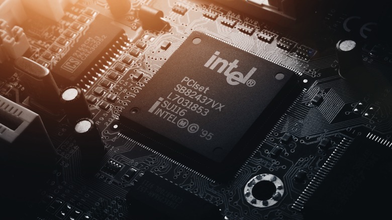 Intel branding on a computer motherboard chipset