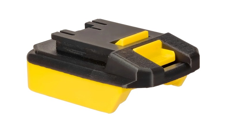 A DeWalt to Hart battery adapter on white backgroud
