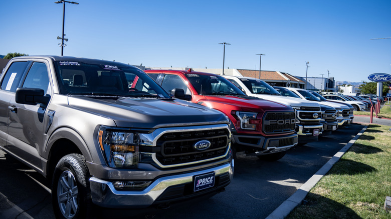 A selection of different vehicles from Ford parked in a dealer lot in a row, all different colors