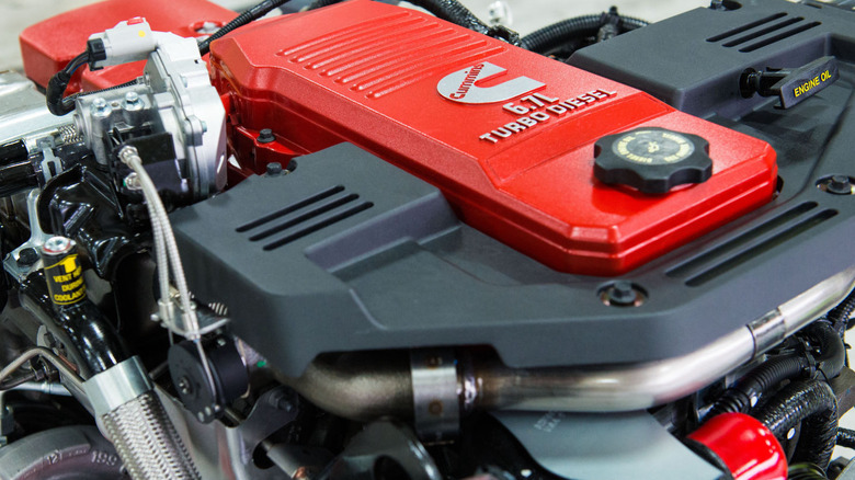 Close up image of a Cummins 6.7-liter turbo diesel engine on display