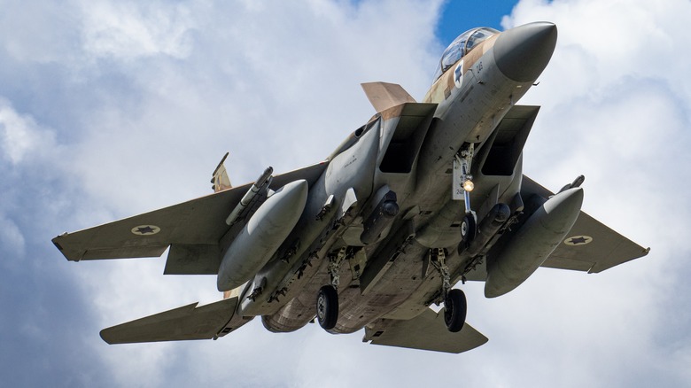Israel Defense Forces (IDF) F-15 fighter jet with landing gears down