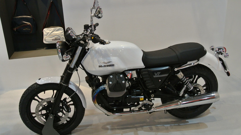 White Moto Guzzi V7 in showroom