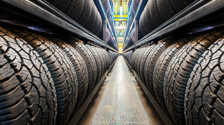 Rows of tires in tire store
