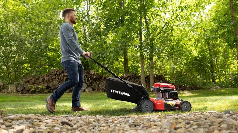 Person using a Craftsman 21-Inch 163cc Gas Push Lawn Mower