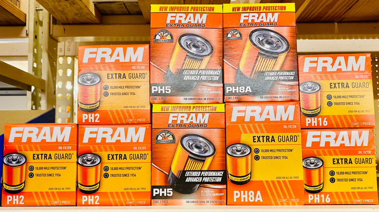 Fram oil filters on auto parts store shelf