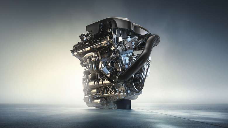 An image of a BMW B48 engine on display.
