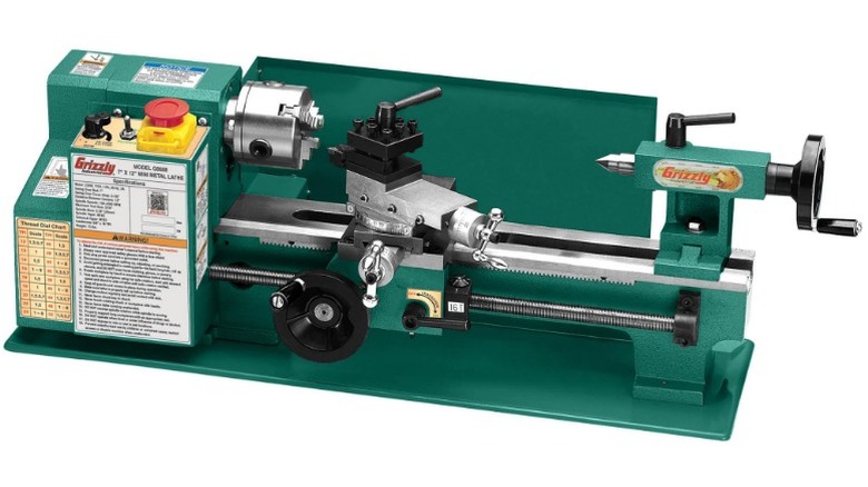 Grizzly mini metal lathe on white background
