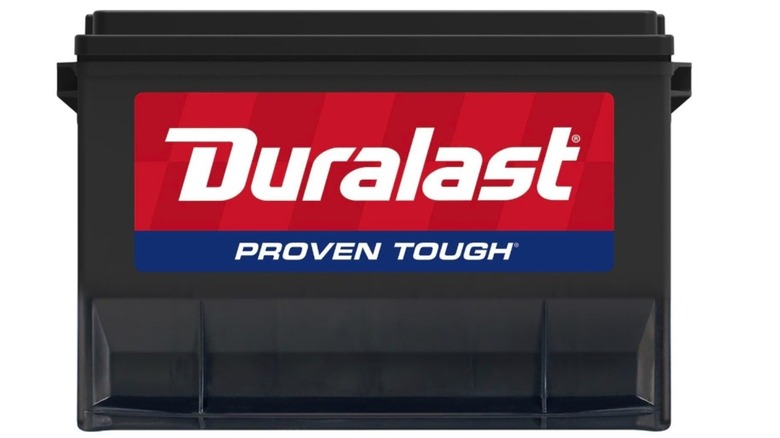A Duralast car battery displaying the 
