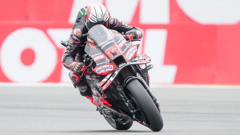 Marco Bezzecchi riding an Aprilia bike during MotoGP practice