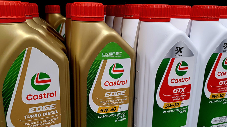Castrol motor oil products displayed on a shelf