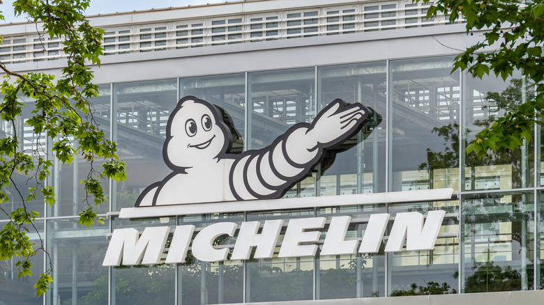 Sign and logo on the Michelin headquarters building in Clermont-Ferrand, France