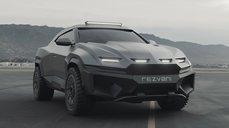 Front and side view of a Rezvani Knight on a cloudy day