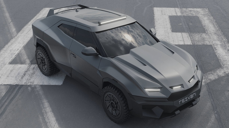 The top, side, and front view of a Rezvani Knight in a parking lot