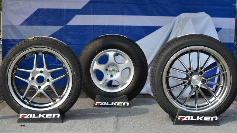 Three Falken tires on display