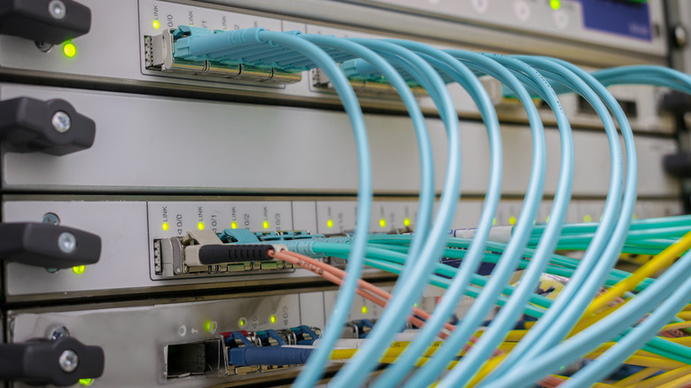 A data center with many blue, pink, and yellow cables plugged into the back, including several ethernet cables.