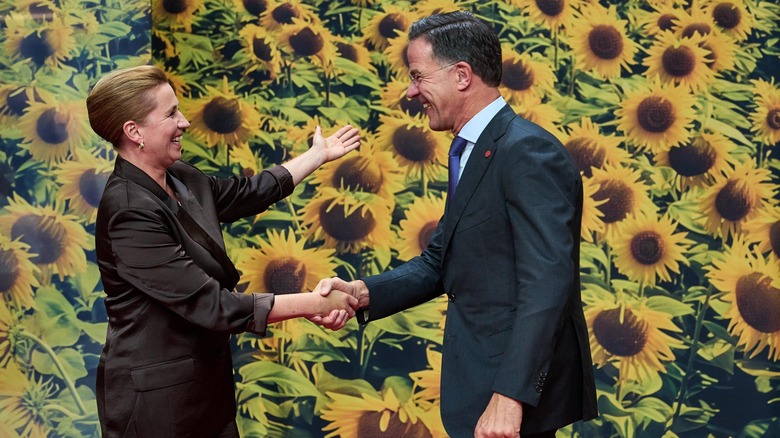 NATO Secretary General Mark Rutte shakes hands with Danish Prime Minister Mette Frederiksen during an October 2025 summit in Copenhagen.