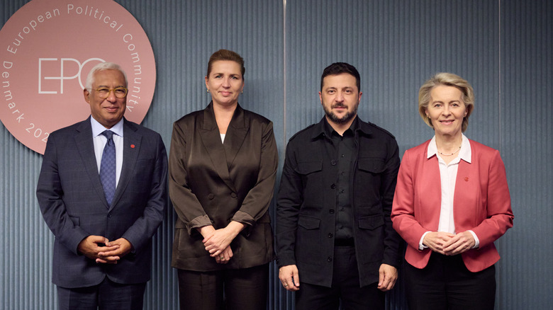 Ukrainian President Volodymyr Zelensky meets with the President of the European Commission Ursula von der Leyen, the President of the European Council António Costa, and the Prime Minister of Denmark Mette Frederiksen during the October 2025 European Political Community Summit in Denmark.