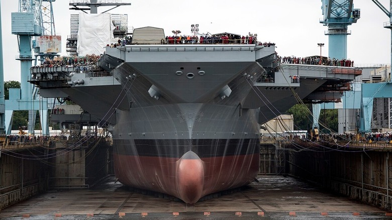 Front view of U.S.S. Gerald R Ford in dry dock.