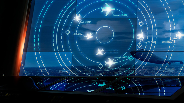 An air traffic control radar display showing multiple fliights