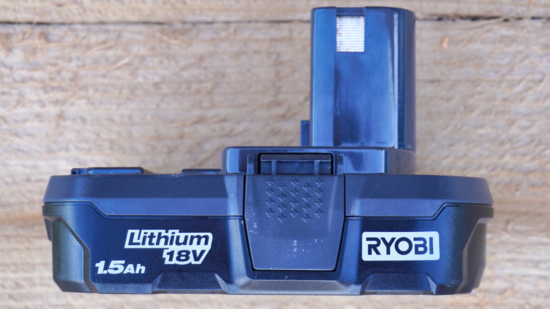 Close-up of Ryobi 18V battery