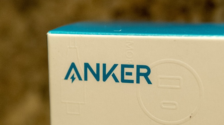 A blue and white box with Anker logo on its top right corner