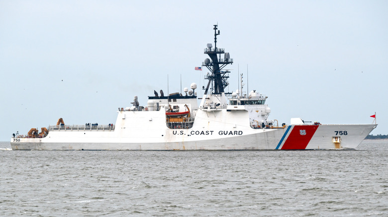 A U.S. Coast Guard cutter sails out to sea