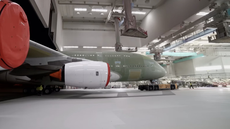 Pre-paint Airbus aircraft.