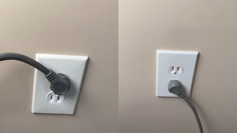 Side-by-side image of 90-degree plugs in ground up and ground down outlets
