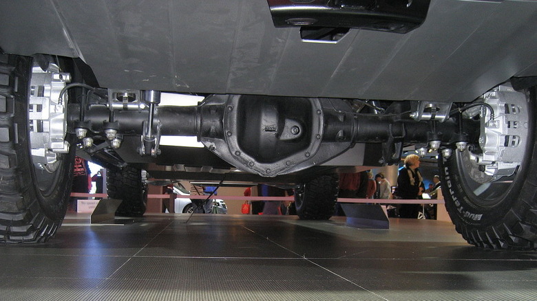 Underbody view of rear solid axle on GMC truck