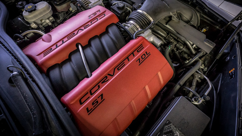 The 7.0-liter LS7 V8 under the hood of a C6 Corvette Z06