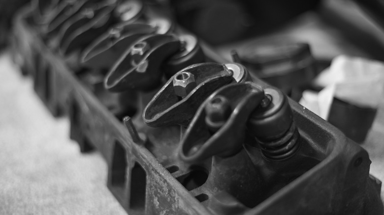 A close-up black and white shot of a pushrod engine's cylinder heads