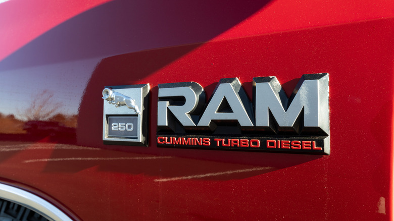 Closeup  view of a Cummins-powered Ram logo
