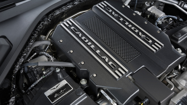 An overhead view of a Blackwing V8 engine under the hood of a CT6-V.
